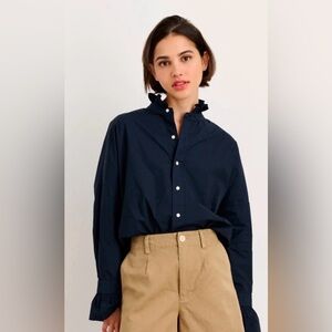 NWOT Alex Mill Ruffle Collar Button Down Dark Navy Paper Poplin size small